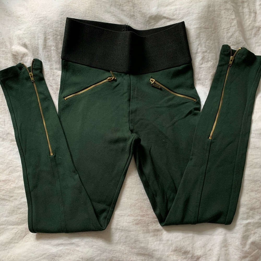 Zara green leggings w/ gold zippering